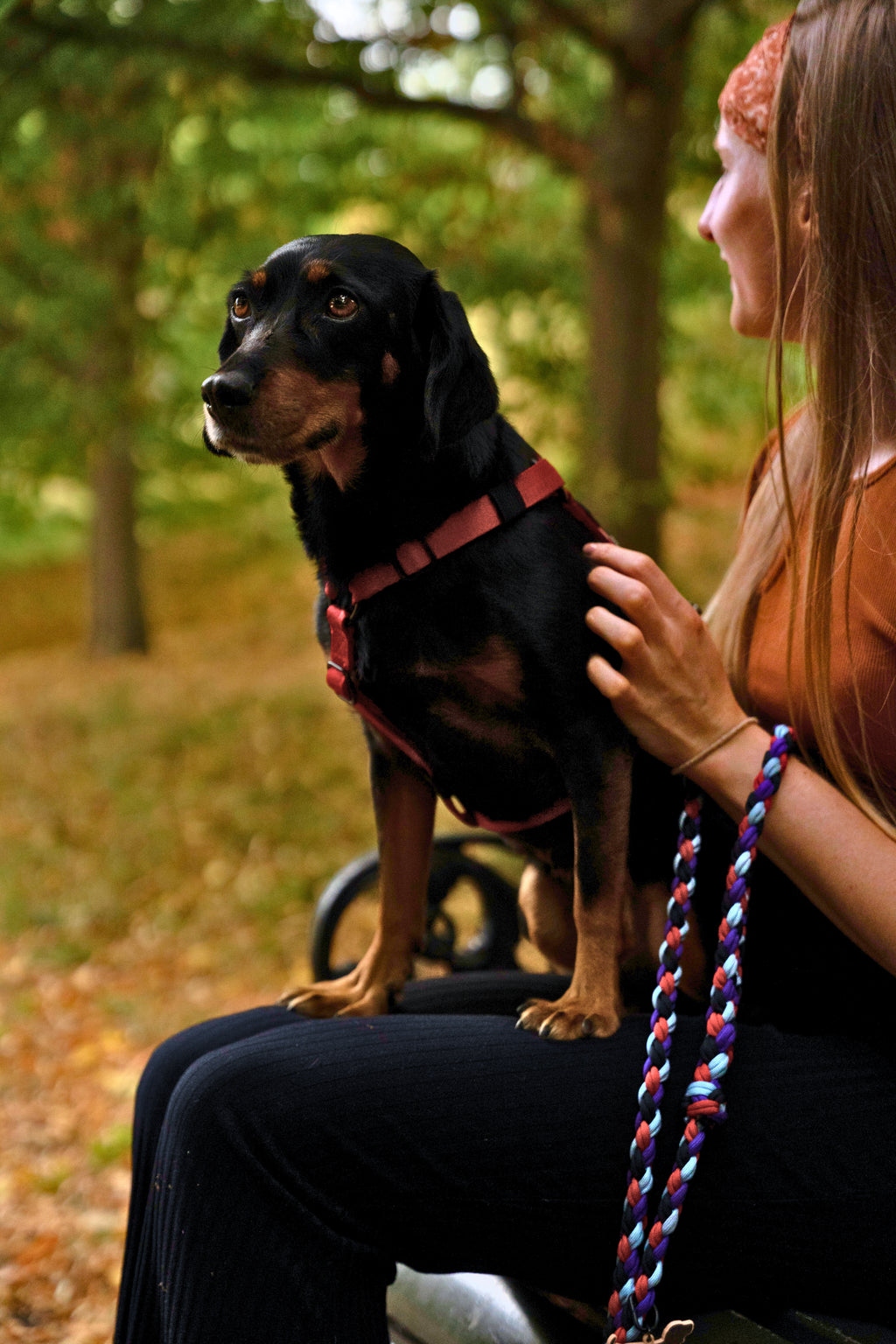 Woman sitting with a black dog on a leash in an outdoor setting
