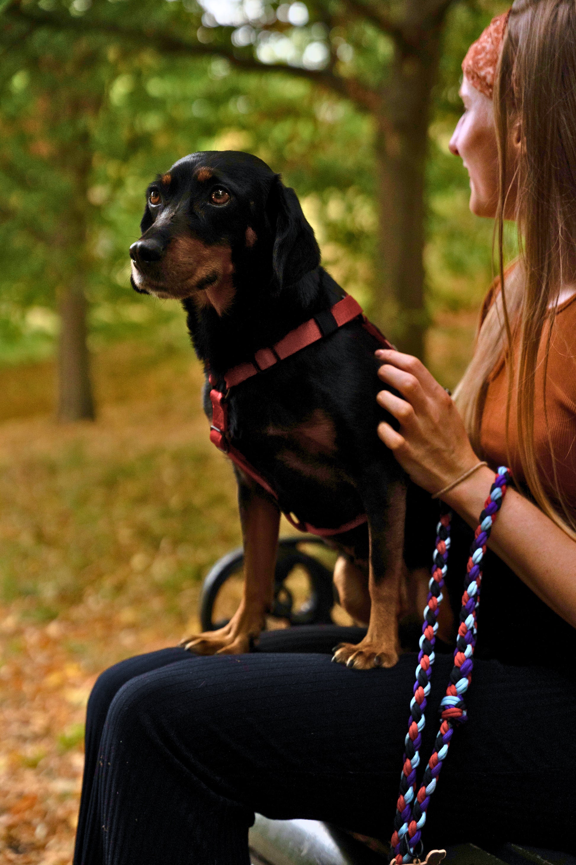 Woman sitting with a black dog on a leash in an outdoor setting
